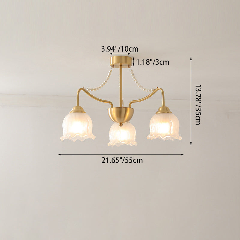 Traditional French Floral Branch Round Glass Pearl Brass 3/6/8 Light Semi-Flush Mount Ceiling Light For Living Room