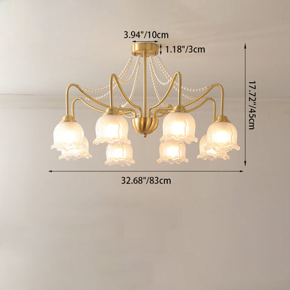 Traditional French Floral Branch Round Glass Pearl Brass 3/6/8 Light Semi-Flush Mount Ceiling Light For Living Room