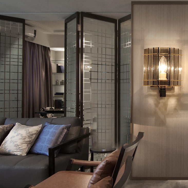 現代的なスカンジナビアの丸型シリンダーガラス鉄製1灯壁取り付け用燭台ランプリビングルーム用