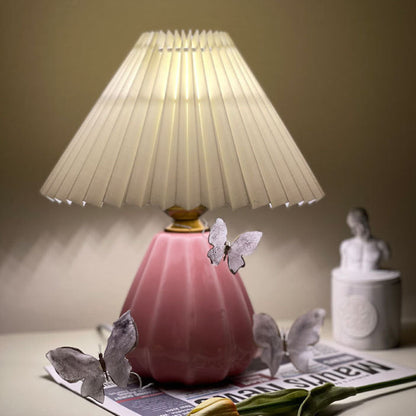 Traditional Vintage Round Cone Pleated Fabric Ceramic 1-Light Table Lamp For Bedroom