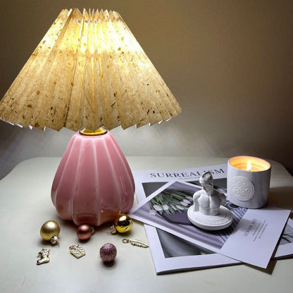 Traditional Vintage Round Cone Pleated Fabric Ceramic 1-Light Table Lamp For Bedroom