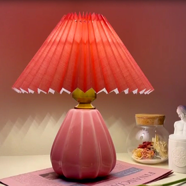 Traditional Vintage Round Cone Pleated Fabric Ceramic 1-Light Table Lamp For Bedroom
