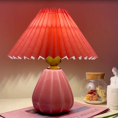 Traditional Vintage Round Cone Pleated Fabric Ceramic 1-Light Table Lamp For Bedroom