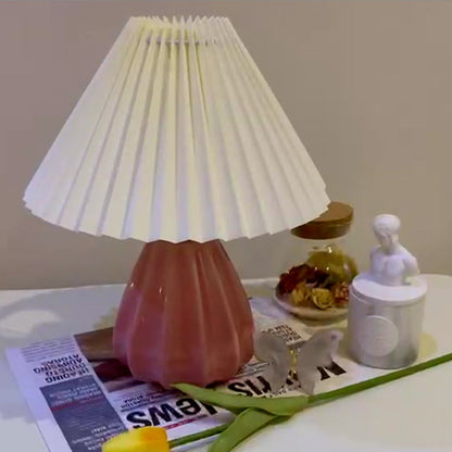 Traditional Vintage Round Cone Pleated Fabric Ceramic 1-Light Table Lamp For Bedroom