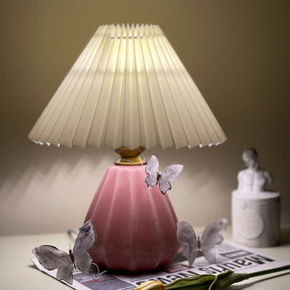 Traditional Vintage Round Cone Pleated Fabric Ceramic 1-Light Table Lamp For Bedroom