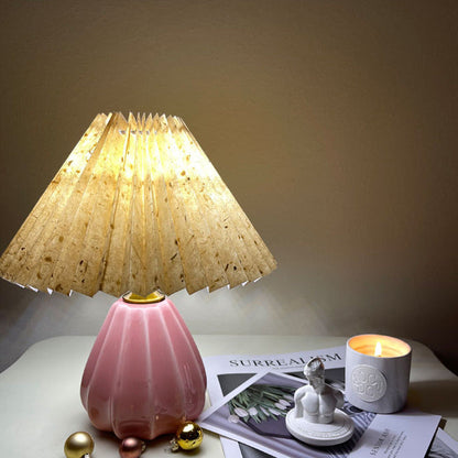 Traditional Vintage Round Cone Pleated Fabric Ceramic 1-Light Table Lamp For Bedroom