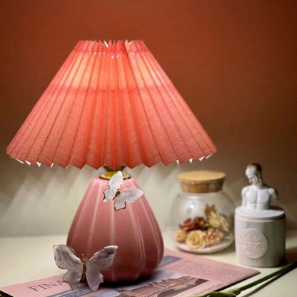 Traditional Vintage Round Cone Pleated Fabric Ceramic 1-Light Table Lamp For Bedroom