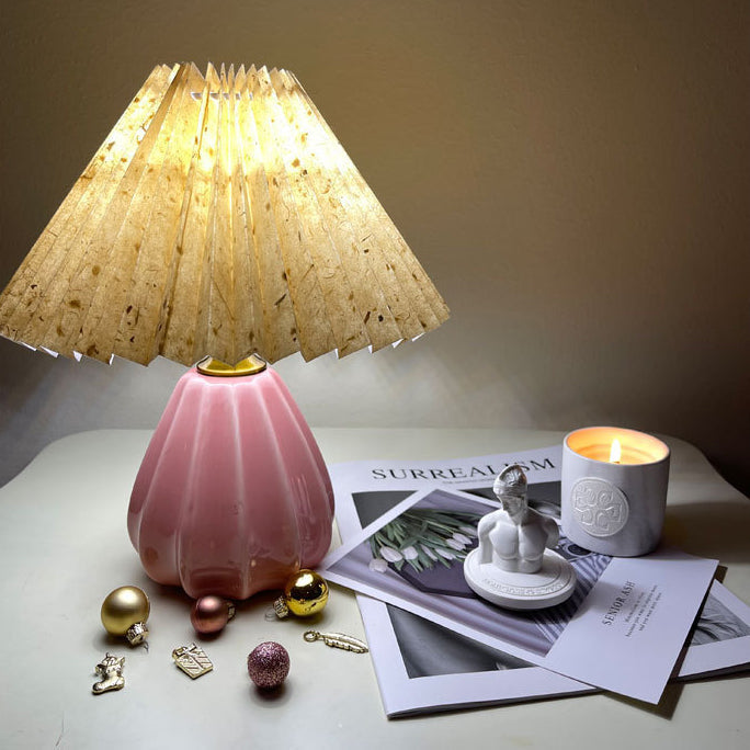 Traditional Vintage Round Cone Pleated Fabric Ceramic 1-Light Table Lamp For Bedroom