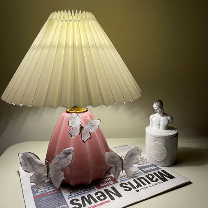 Traditional Vintage Round Cone Pleated Fabric Ceramic 1-Light Table Lamp For Bedroom