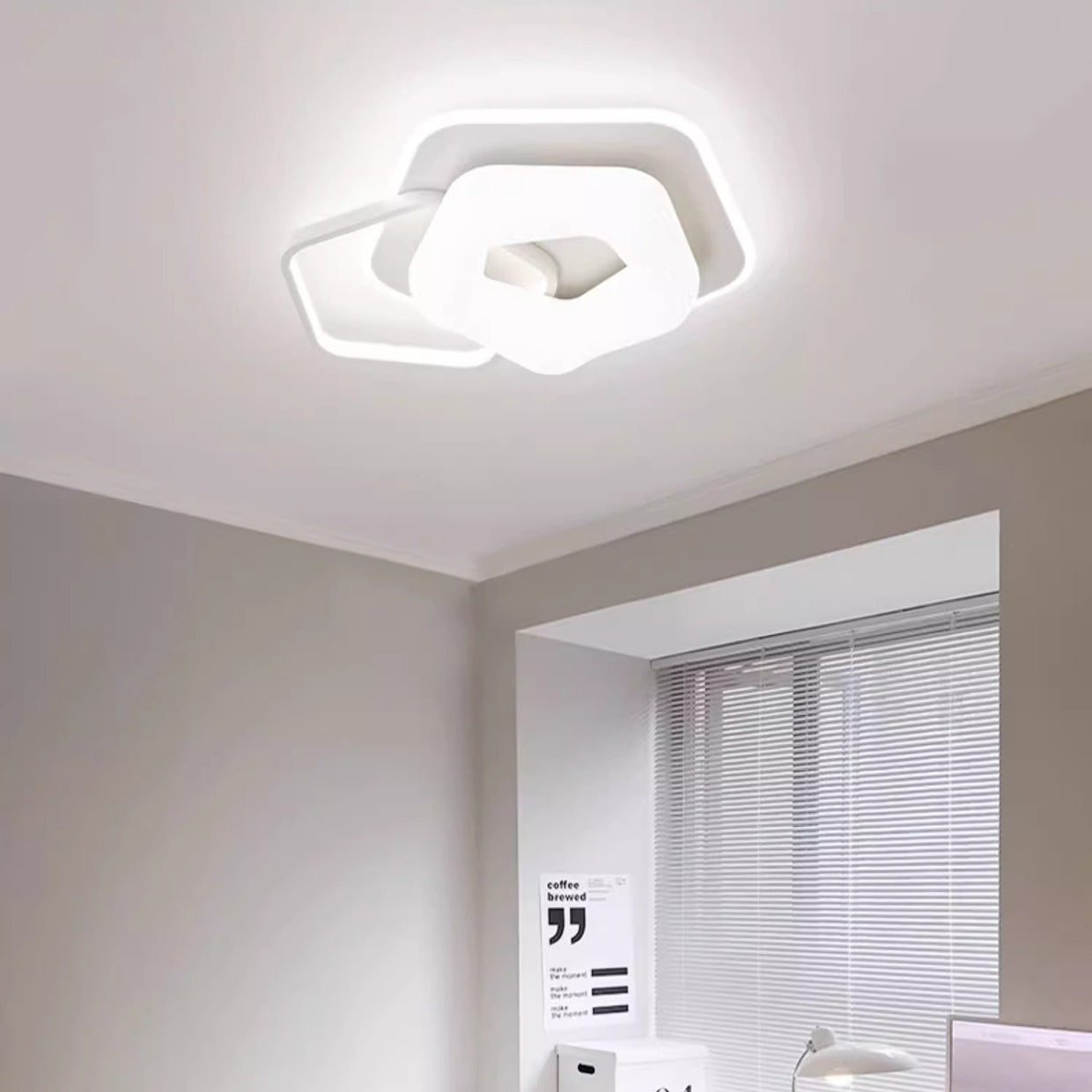 Modern Art Deco Floral Triangle Pentagram Round PE Hardware LED Flush Mount Ceiling Light For Living Room