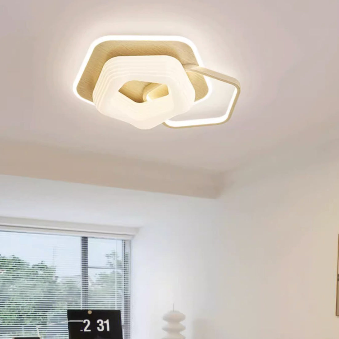 Modern Art Deco Floral Triangle Pentagram Round PE Hardware LED Flush Mount Ceiling Light For Living Room