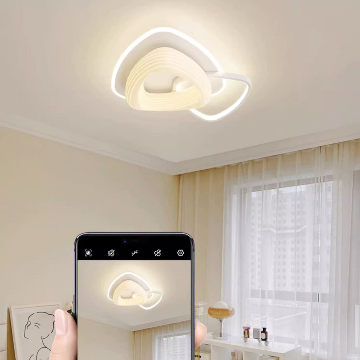 Modern Art Deco Floral Triangle Pentagram Round PE Hardware LED Flush Mount Ceiling Light For Living Room