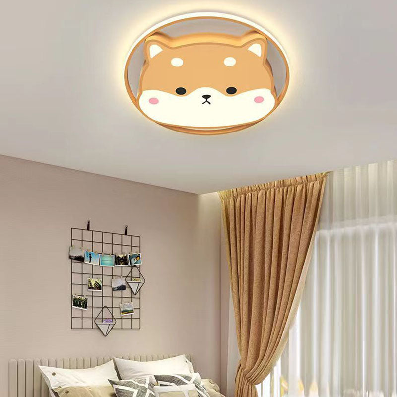 Modern Art Deco Round Dog Bear Rabbit Acrylic Iron LED Flush Mount Ceiling Light For Bedroom