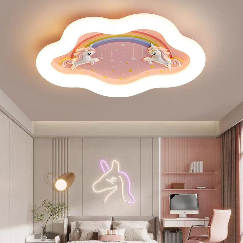 Modern Art Deco Round Cloud Rabbit Unicorn Acrylic Resin Iron LED Flush Mount Ceiling Light For Bedroom