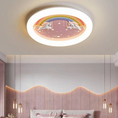 Modern Art Deco Round Cloud Rabbit Unicorn Acrylic Resin Iron LED Flush Mount Ceiling Light For Bedroom