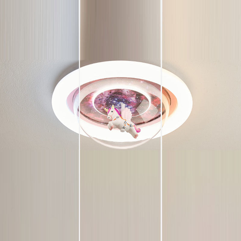 Modern Art Deco Kids Unicorn Stars Round Acrylic Resin Iron LED Flush Mount Ceiling Light For Bedroom