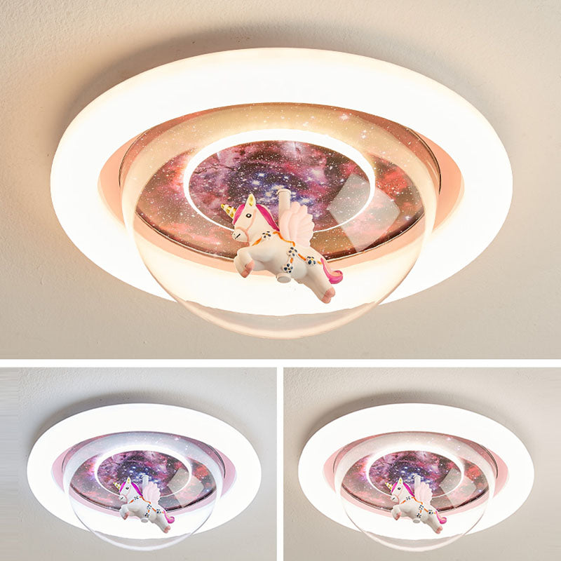 Modern Art Deco Kids Unicorn Stars Round Acrylic Resin Iron LED Flush Mount Ceiling Light For Bedroom