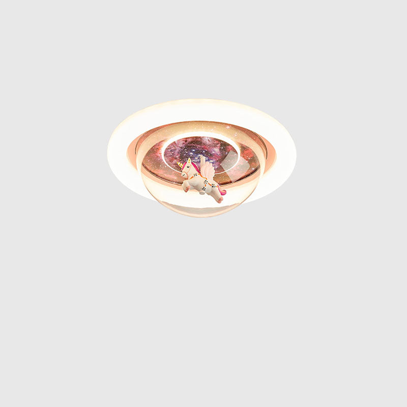 Modern Art Deco Kids Unicorn Stars Round Acrylic Resin Iron LED Flush Mount Ceiling Light For Bedroom
