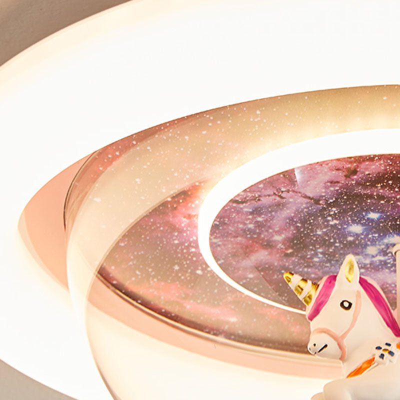 Modern Art Deco Kids Unicorn Stars Round Acrylic Resin Iron LED Flush Mount Ceiling Light For Bedroom