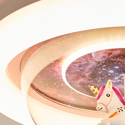 Modern Art Deco Kids Unicorn Stars Round Acrylic Resin Iron LED Flush Mount Ceiling Light For Bedroom