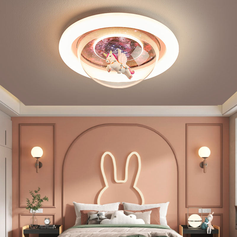 Modern Art Deco Kids Unicorn Stars Round Acrylic Resin Iron LED Flush Mount Ceiling Light For Bedroom
