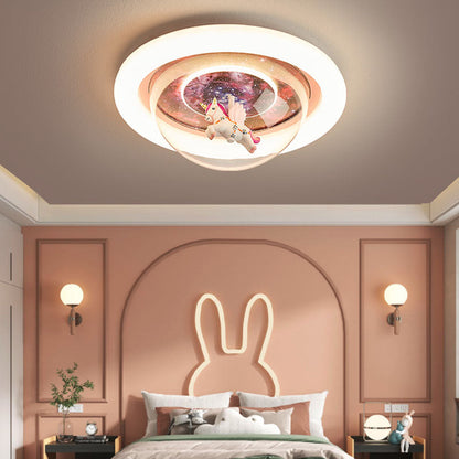 Modern Art Deco Kids Unicorn Stars Round Acrylic Resin Iron LED Flush Mount Ceiling Light For Bedroom