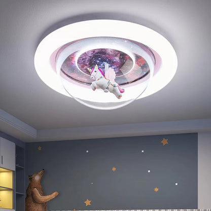 Modern Art Deco Kids Unicorn Stars Round Acrylic Resin Iron LED Flush Mount Ceiling Light For Bedroom