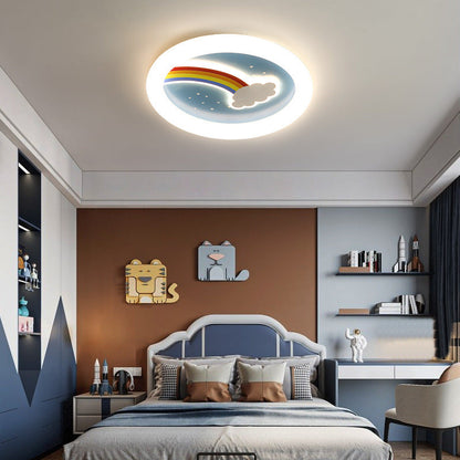 Modern Art Deco Kids Rainbow Clouds Round Acrylic Plastic Iron LED Flush Mount Ceiling Light For Bedroom