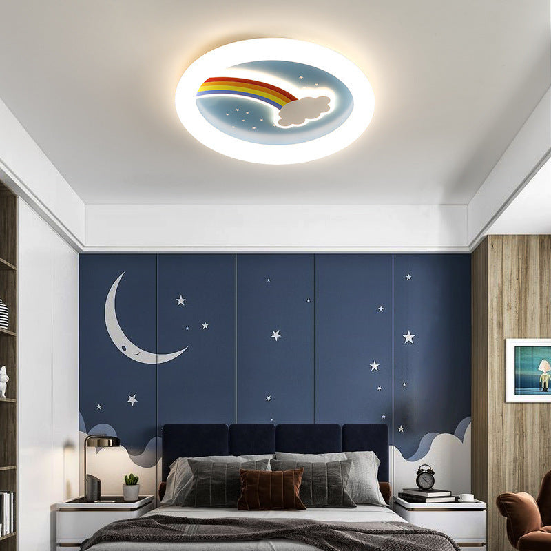 Modern Art Deco Kids Rainbow Clouds Round Acrylic Plastic Iron LED Flush Mount Ceiling Light For Bedroom