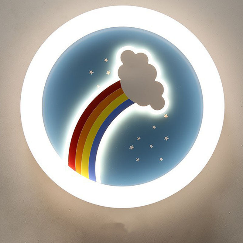 Modern Art Deco Kids Rainbow Clouds Round Acrylic Plastic Iron LED Flush Mount Ceiling Light For Bedroom