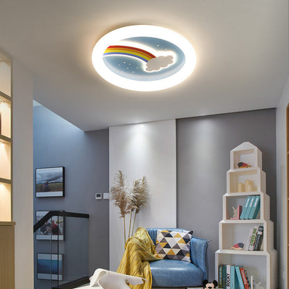Modern Art Deco Kids Rainbow Clouds Round Acrylic Plastic Iron LED Flush Mount Ceiling Light For Bedroom