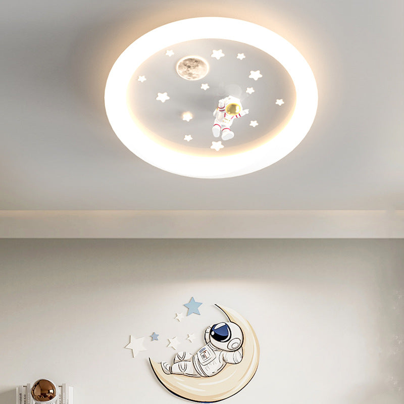 Modern Art Deco Kids Astronaut Stars Round Acrylic Iron LED Flush Mount Ceiling Light For Bedroom