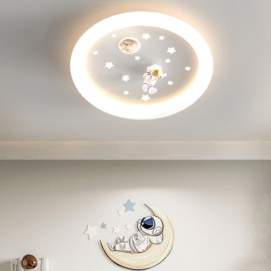 Modern Art Deco Kids Astronaut Stars Round Acrylic Iron LED Flush Mount Ceiling Light For Bedroom
