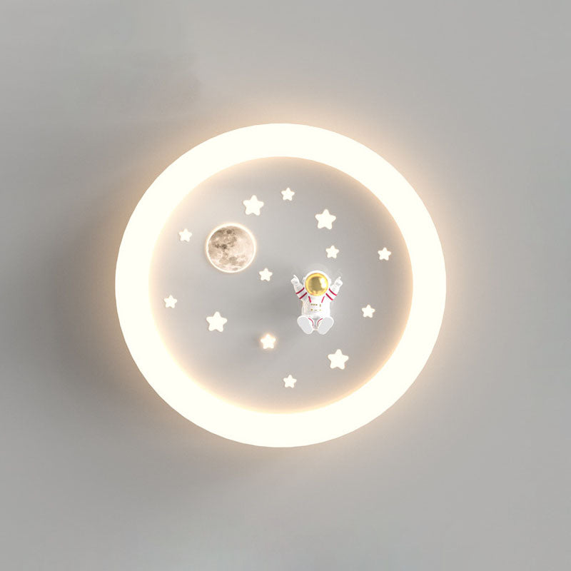 Modern Art Deco Kids Astronaut Stars Round Acrylic Iron LED Flush Mount Ceiling Light For Bedroom