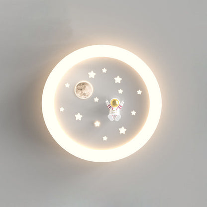 Modern Art Deco Kids Astronaut Stars Round Acrylic Iron LED Flush Mount Ceiling Light For Bedroom