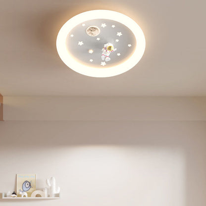 Modern Art Deco Kids Astronaut Stars Round Acrylic Iron LED Flush Mount Ceiling Light For Bedroom