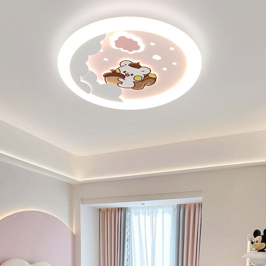 Modern Art Deco Kids Sky Spaceman Round PE Iron LED Flush Mount Ceiling Light For Bedroom