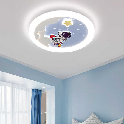 Modern Art Deco Kids Sky Spaceman Round PE Iron LED Flush Mount Ceiling Light For Bedroom