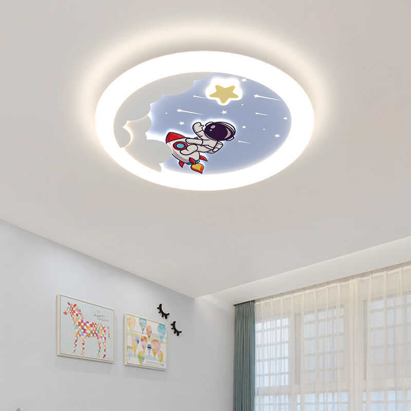 Modern Art Deco Kids Sky Spaceman Round PE Iron LED Flush Mount Ceiling Light For Bedroom