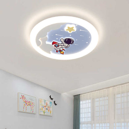 Modern Art Deco Kids Sky Spaceman Round PE Iron LED Flush Mount Ceiling Light For Bedroom