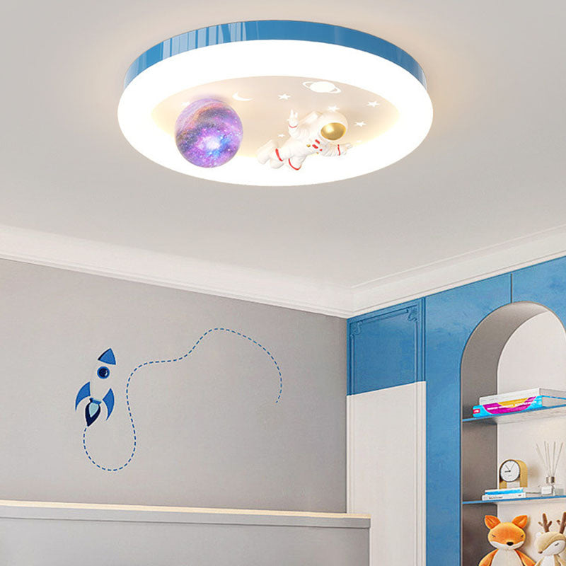 Modern Art Deco Kids Star Astronaut Round Acrylic Resin Iron LED Flush Mount Ceiling Light For Bedroom