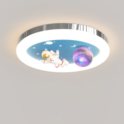Modern Art Deco Kids Star Astronaut Round Acrylic Resin Iron LED Flush Mount Ceiling Light For Bedroom
