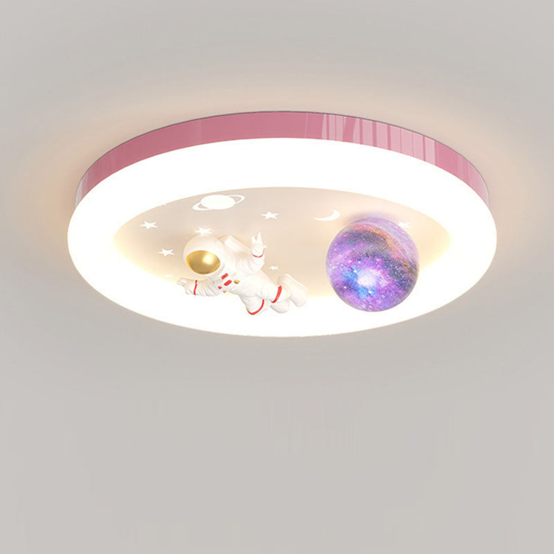 Modern Art Deco Kids Star Astronaut Round Acrylic Resin Iron LED Flush Mount Ceiling Light For Bedroom