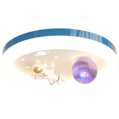 Modern Art Deco Kids Star Astronaut Round Acrylic Resin Iron LED Flush Mount Ceiling Light For Bedroom
