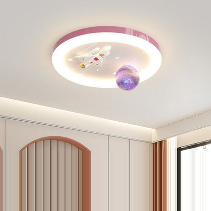Modern Art Deco Kids Star Astronaut Round Acrylic Resin Iron LED Flush Mount Ceiling Light For Bedroom