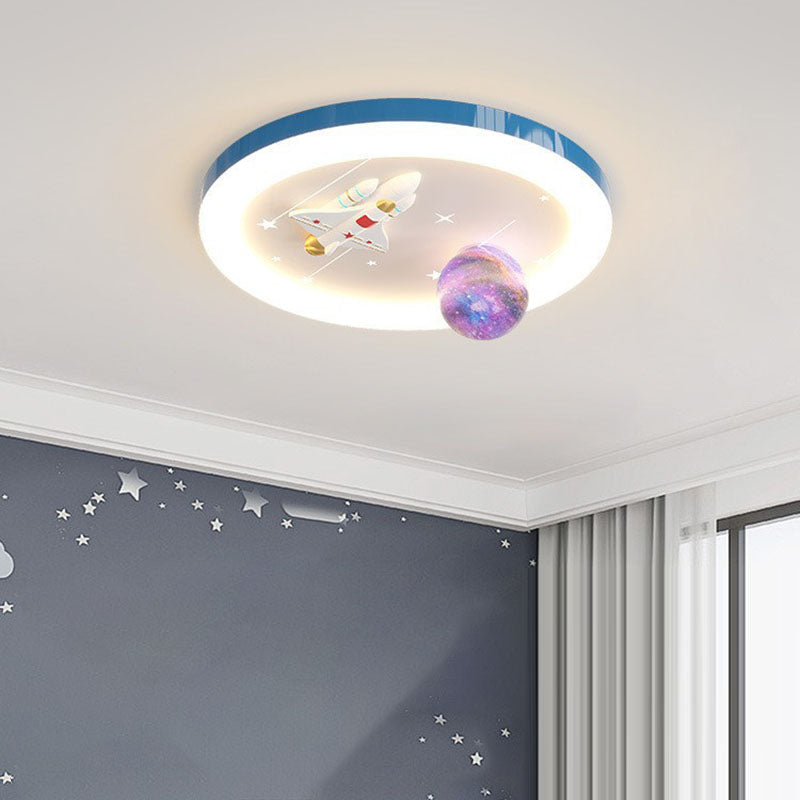 Modern Art Deco Kids Star Astronaut Round Acrylic Resin Iron LED Flush Mount Ceiling Light For Bedroom