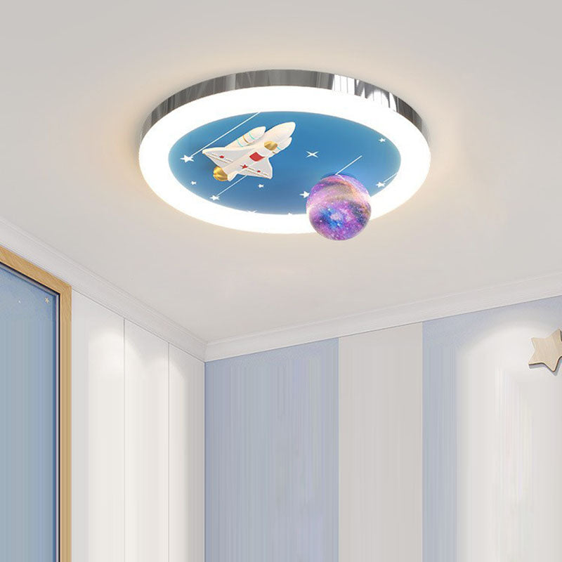 Modern Art Deco Kids Star Astronaut Round Acrylic Resin Iron LED Flush Mount Ceiling Light For Bedroom