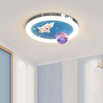 Modern Art Deco Kids Star Astronaut Round Acrylic Resin Iron LED Flush Mount Ceiling Light For Bedroom