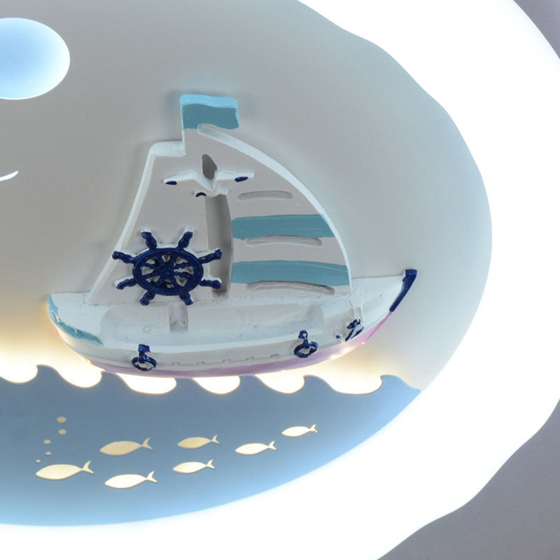 Modern Art Deco Kids Round Sailboat Seagull Acrylic Iron LED Mount Ceiling Light For Bedroom