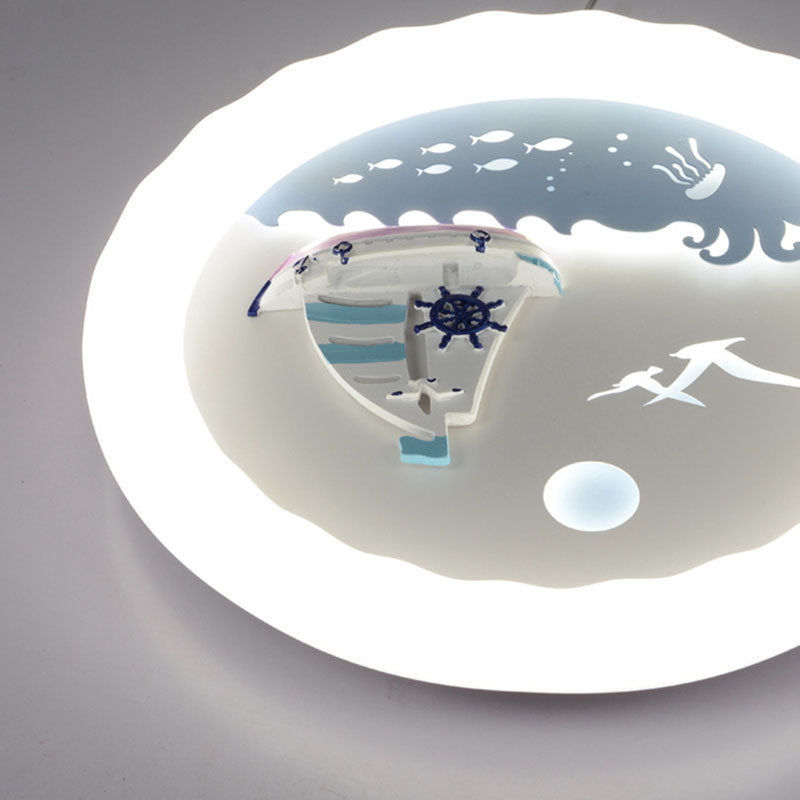 Modern Art Deco Kids Round Sailboat Seagull Acrylic Iron LED Mount Ceiling Light For Bedroom